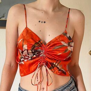 All Saints Orange Tropical Crop Tank Top Ruched Front Size 2 Romantic